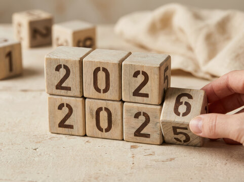 Background christmas colourful colours gold horse in rustic scene wooden number blocks change from 2025 to 2026 with warm light and festive charm happy new year 2026 Concept