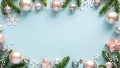 A festive light blue background framed with elegant Christmas ornaments, fir branches, and snowflakes, perfect for holiday greetings.