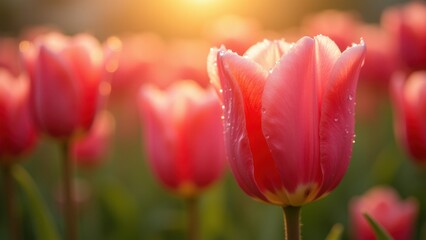 Fototapeta premium Pink tulip with fresh morning dew drops glowing in warm sunrise light, close up of delicate petals in spring flower field, concept of womens day, mothers day, flower delivery