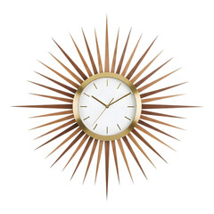 Stylish sunburst wall clock with wooden rays, isolated on transparent background