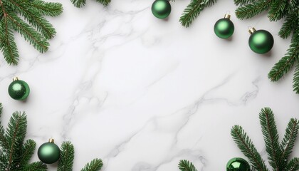Christmas holiday background with green fir tree branches and shiny baubles on white marble, offering copy space.