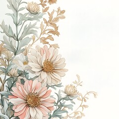 Pastel colored floral arrangement adorns the corner of a bright white background