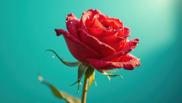 Red rose with fresh dew drops blooming elegantly against turquoise blue background, concept of love, romance, valentines day, flower delivery, luxury cosmetics - Powered by Adobe