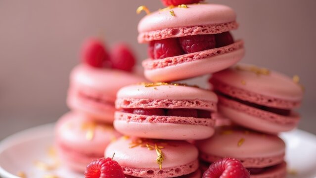Stack of delicate pink macarons topped with fresh raspberries and edible gold leaf, concept of womens day, luxury patisserie, romantic gift, bakery branding
