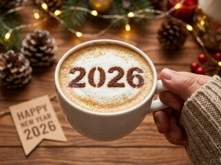 Background christmas colourful colours gold horse in festive coffee foam with 2026 dusting and warm lights creating joyful holiday mood happy new year 2026 Concept
