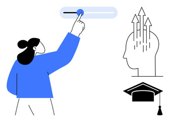 Education concept. Education progress adjustment by slider. Education supports personal growth by arrows and graduation cap. For learning platforms, self-development, career advancement, academic