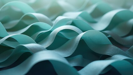 Teal awareness ribbons tangled together in closeup macro against soft green background, textured symbol of support, concept of ovarian cancer awareness, cervical cancer campaign, pcos support