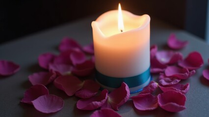 Lit white candle with teal ribbon surrounded by scattered pink rose petals on dark background, concept of ovarian cancer awareness, sexual assault support, remembrance events