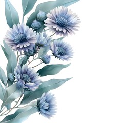 Watercolor rendering displays a vertical arrangement of soft blue composite flowers bordered by muted green foliage against a white background