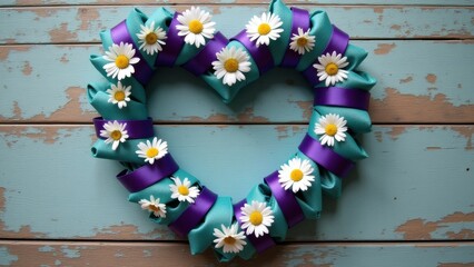 Heart shaped wreath made of teal and purple ribbons decorated with white daisies on rustic turquoise wooden background, concept of ovarian cancer awareness, sexual assault support