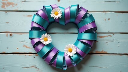 Heart shaped wreath made of teal and purple ribbons decorated with white daisies on rustic turquoise wooden background, concept of ovarian cancer awareness, sexual assault support