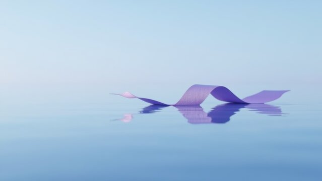 Purple awareness ribbon gently floating on calm water surface with perfect reflection, minimal serene composition, concept of domestic violence awareness, epilepsy support, alzheimers campaign