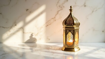 Ornate golden arabic lantern casting intricate shadows on marble surface with sunlight beam, elegant ramadan symbol with generous empty space, concept of ramadan kareem, eid mubarak, islamic decor