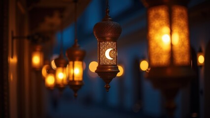 Hanging ornate arabic lanterns with glowing crescent moon motifs at twilight blue hour creating magical bokeh atmosphere, traditional ramadan lighting scene, concept of ramadan kareem, eid mubarak