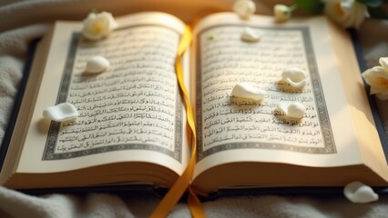 Open holy quran adorned with delicate white jasmine flowers under warm sunlight on wooden table, peaceful spiritual moment, concept of ramadan reflection, eid mubarak, islamic greeting cards