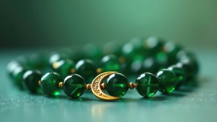Emerald green prayer beads with golden crescent moon pendant closeup on soft green background, elegant tasbih detail, concept of ramadan kareem, eid mubarak, islamic spirituality