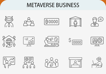 Metaverse business outline icons set, virtual augmented reality concept vector