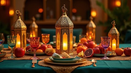 Elegant ramadan iftar table with ornate golden lanterns colorful glass goblets fresh fruits and glowing candles on teal tablecloth, concept of ramadan kareem, eid mubarak, middle eastern hospitality