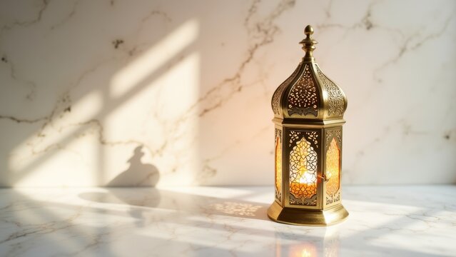 Ornate golden arabic lantern casting intricate shadows on marble surface with sunlight beam, elegant ramadan symbol with generous empty space, concept of ramadan kareem, eid mubarak, islamic decor - Powered by Adobe