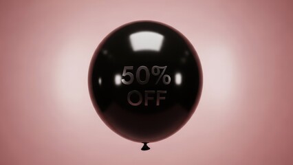 Shiny Black Balloon with 50% OFF Text on Soft Pink Background for Discount Promotion
