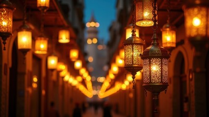 Row of colorful glowing arabic lanterns hanging above traditional souk alley with people walking under festive string lights, concept of ramadan kareem, eid mubarak, middle eastern tourism