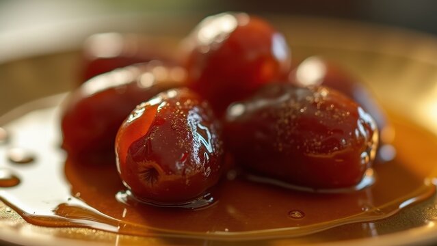 Fresh dates sprinkled with golden sugar on elegant golden plate closeup with warm dark background, luxurious iftar treat, concept of ramadan kareem, eid mubarak, islamic hospitality