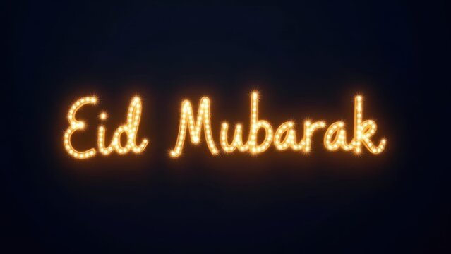 Glowing golden eid mubarak text made of sparkling lights on dark navy background with generous copy space, festive islamic greeting, concept of eid al fitr, eid al adha, ramadan celebration - Powered by Adobe