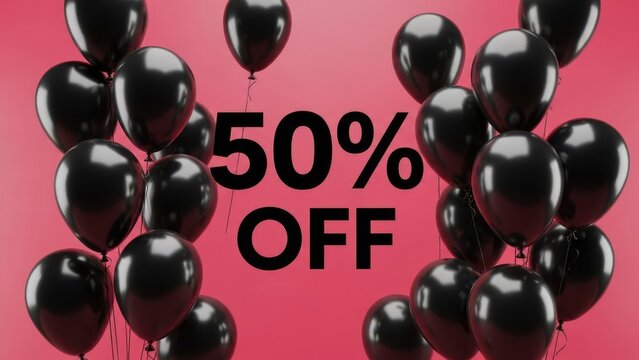 Shiny Black Balloons with 50% OFF Text on Bright Pink Background for Discount Promotion