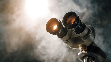 Microscope es illuminated by sunlight through swirling mist symbolizing scientific research and discovery