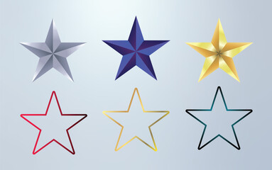 Gradient Star Icons Set – Gold, Silver, Blue and Outline Stars for UI & Graphics. golden five-pointed stars with a smooth gradient finish presented on a crisp white background, symbolizing quality.