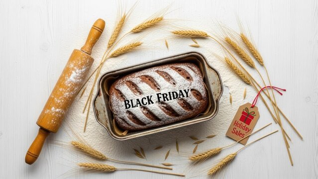 Black Friday bread in baking pan with flour, rolling pin, wheat, and "Holiday Sales" tag.