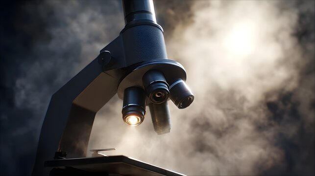 Dramatic close up of a scientific microscope with illuminated es amidst swirling mist representing discovery and research