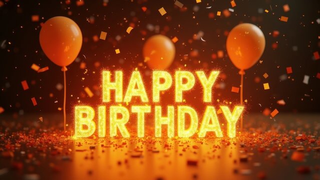 Illuminated golden happy birthday sign with glowing lights surrounded by balloons and falling confetti on dark background, concept of birthday parties, event planners, greeting cards