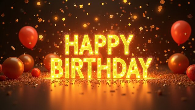 Illuminated golden happy birthday sign with glowing lights surrounded by balloons and falling confetti on dark background, concept of birthday parties, event planners, greeting cards
