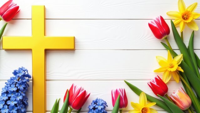 Golden christian cross surrounded by colorful tulips and daffodil on rustic white wooden background with copyspace, concept of easter sunday, religious greetings, church events