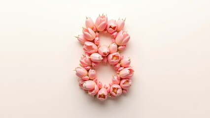 Fototapeta premium Number 8 creatively formed from pink tulip buds arranged on soft pastel background, elegant floral composition for international womens day celebration, concept of womens day, march 8