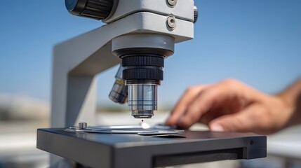 Close up of a microscope with a hand adjusting the stage in bright daylight under a clear blue sky
