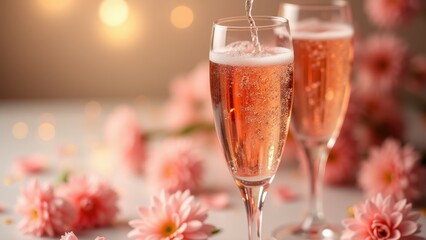 Glass of sparkling rosé wine with delicate bubbles surrounded by peach roses and golden confetti on soft pink background, concept of celebration, womens day,  luxury brands