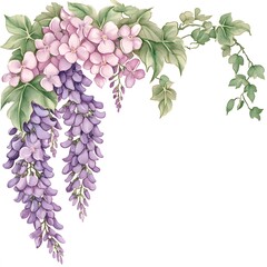 Cascading clusters of purple and pink blossoms adorn green foliage in a corner arrangement