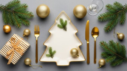 Festive Christmas table setting with gold cutlery, tree plate, fir branches, and ornaments on grey.