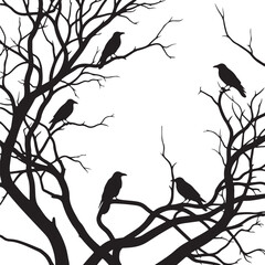 Naklejka premium Black raven silhouette perched on bare tree branches illustration