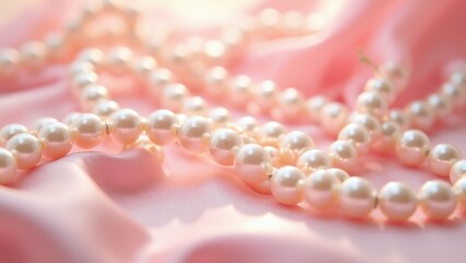 Elegant pearl necklace with delicate pink cherry blossom petals scattered on soft rose silk fabric with large empty space, luxury feminine composition, concept of womens day, jewelry brands