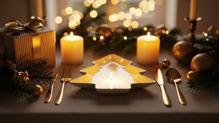 Festive Christmas table setting with golden cutlery, candles, and a unique tree-shaped dish.