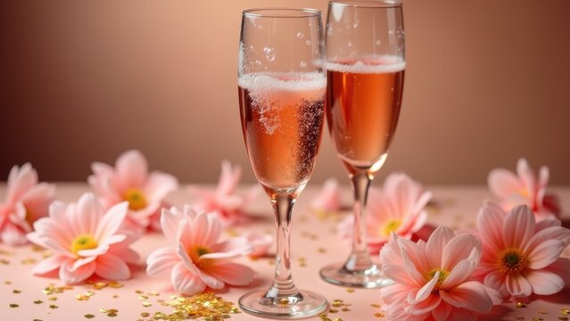 Glass of sparkling rosé wine with delicate bubbles surrounded by peach roses and golden confetti on soft pink background, concept of celebration, womens day, luxury brands - Powered by Adobe