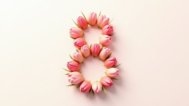 Number 8 creatively formed from pink tulip buds arranged on soft pastel background, elegant floral composition for international womens day celebration, concept of womens day, march 8 - Powered by Adobe
