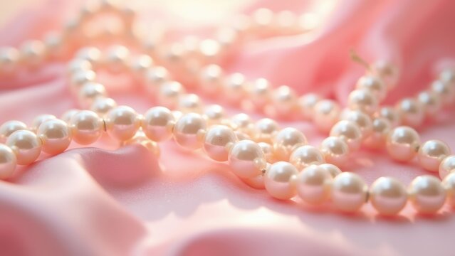 Elegant pearl necklace with delicate pink cherry blossom petals scattered on soft rose silk fabric with large empty space, luxury feminine composition, concept of womens day, jewelry brands