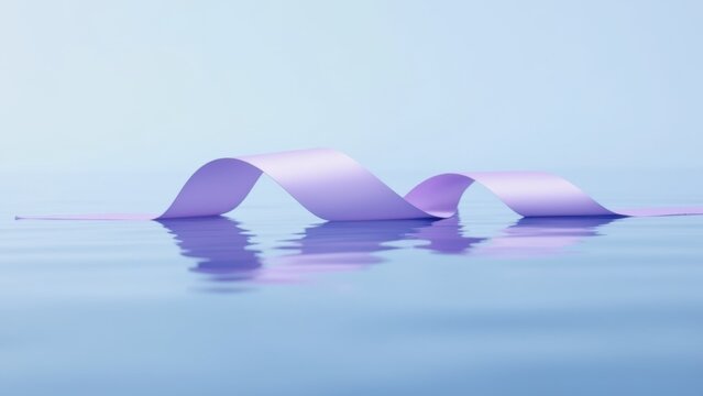 Purple awareness ribbon gently floating on calm water surface with perfect reflection and large empty space, concept of domestic violence awareness, epilepsy support, alzheimers campaign