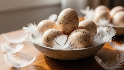 Golden speckled eggs and soft white feathers in a rustic bowl on a wooden table, bathed in sunlight.