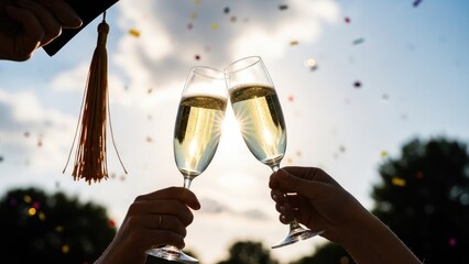 Graduation Toast: Champagne Flutes Clinking with Confetti and Cap Against Bright Sky
