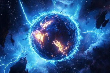 Exploding molten planet surrounded by electric storms high resolution picture